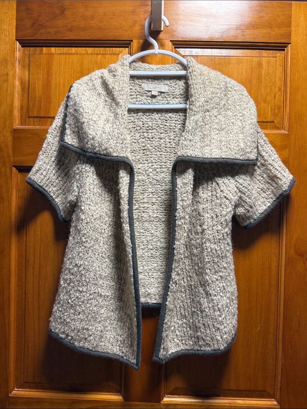 LOFT Cream Bouclé Short-Sleeve Open Cardigan with Gray Trim